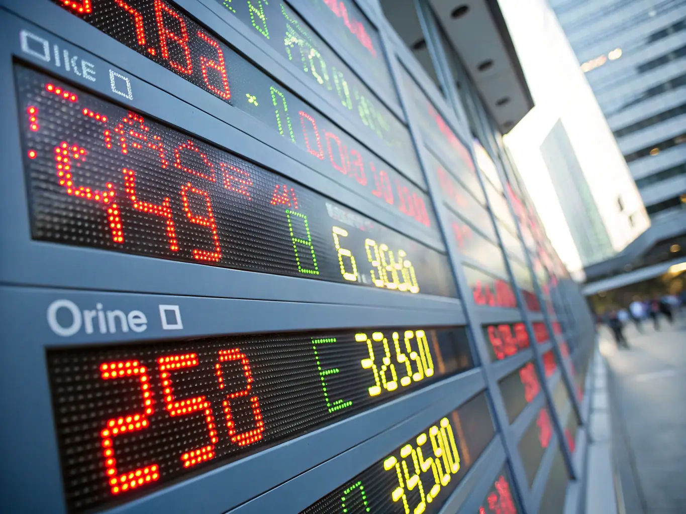 A modern currency exchange kiosk with digital displays showing real-time exchange rates and happy customers completing transactions.