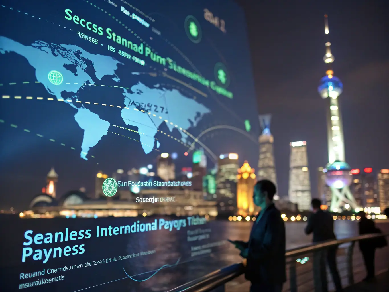 A digital interface showing international money transfer details with a focus on security and speed, set against a backdrop of world landmarks.
