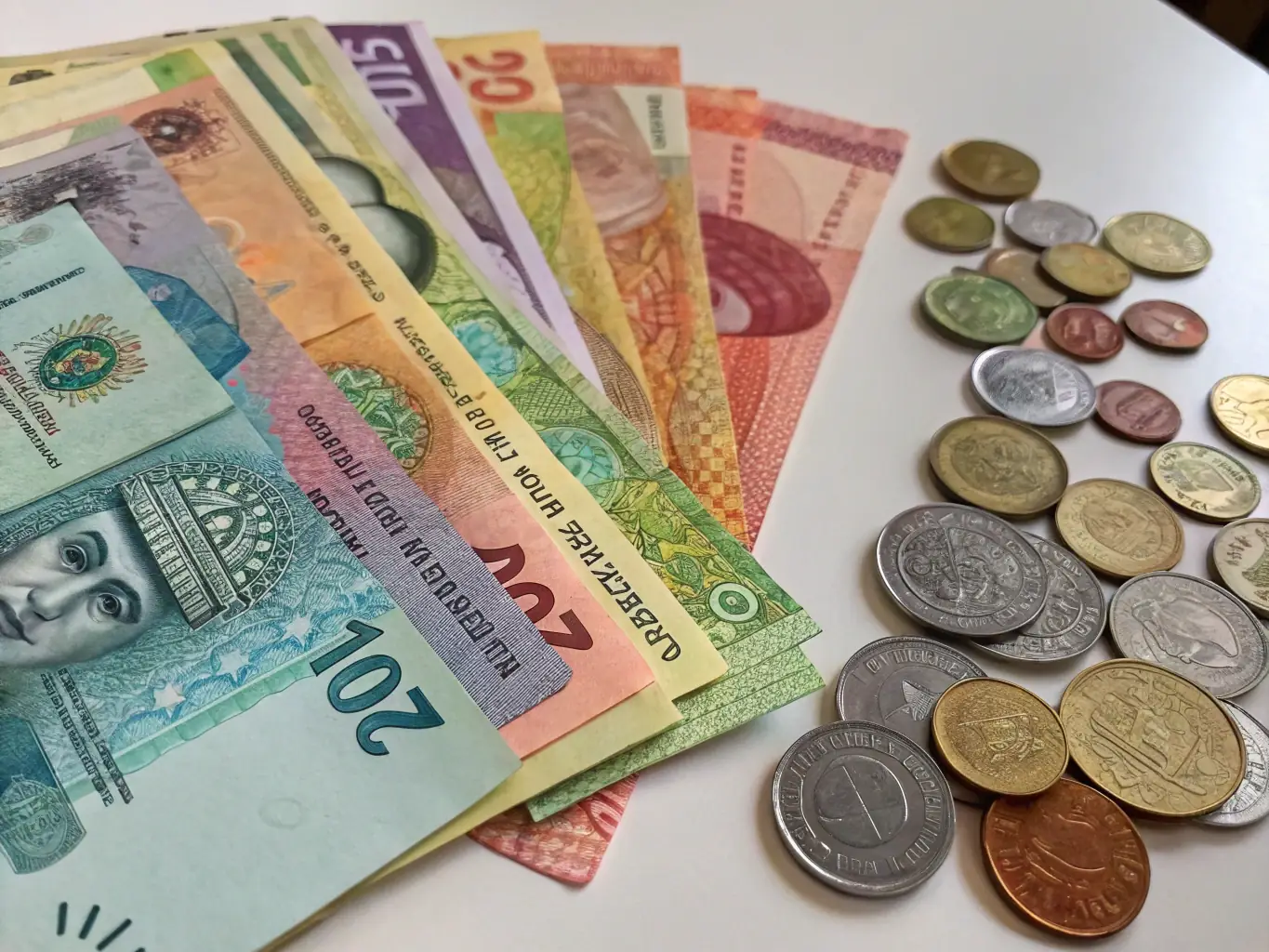 A visually appealing image of various currency notes and coins arranged neatly, with a digital screen displaying real-time exchange rates, representing Flumen Pay's currency exchange services.