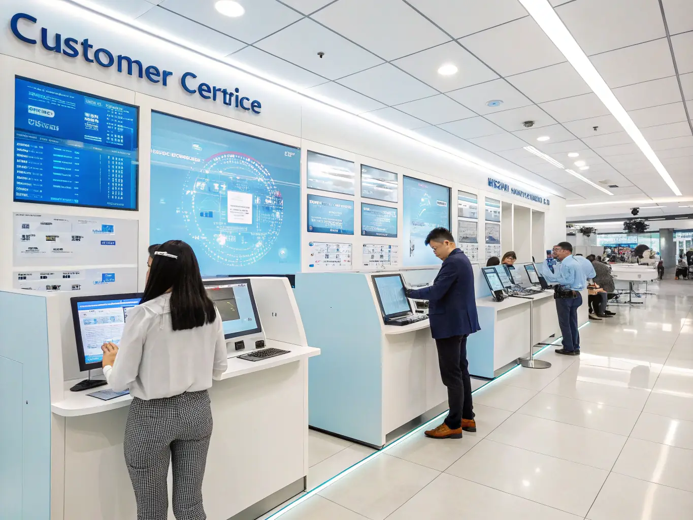 A professional, brightly lit office setting with employees assisting customers with payment processing transactions, emphasizing efficiency and customer service.