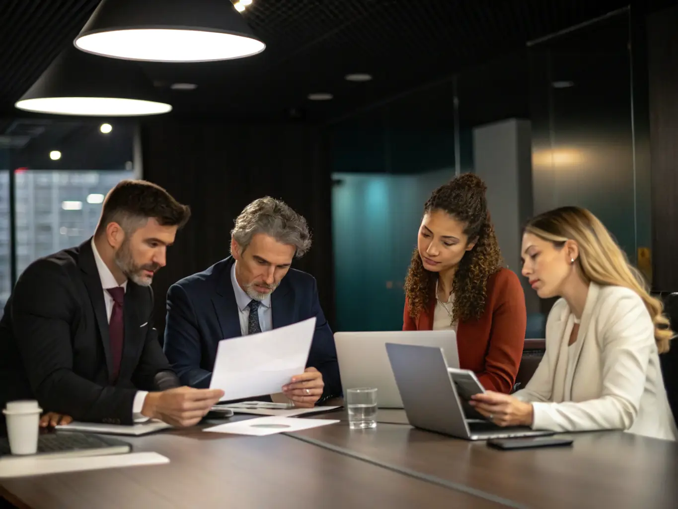 A professional, brightly lit photo of a diverse group of business people collaborating around a table, reviewing financial documents and digital interfaces, symbolizing Flumen Pay's payment processing solutions.